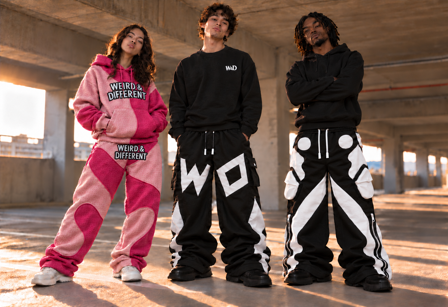 Three Weird & Different models wearing the pink Curvy Hoodie Set and W&D Cargo Pants